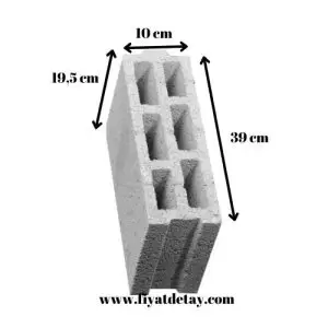 10'luk bims blok ölçüleri: 39 cm uzunluk, 19,5 cm yükseklik, 10 cm genişlik.
