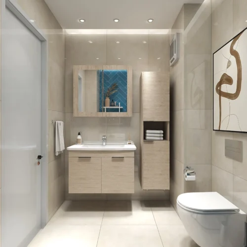 Ahşap banyo dolabı, bej ve mavi seramiklerle döşenmiş modern bir banyo.