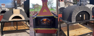 Üç farklı modelde (siyah, kahverengi ve kırmızı) metal kasa üzerinde tekerlekli seyyar taş fırınlar ve baca sistemi.