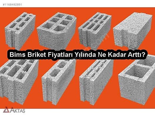 İnşaat projelerinde kullanılan çeşitli bims ve beton briket türlerini gösteren, fiyat artışlarına dikkat çeken görsel. Farklı boyut ve yapıda (10'luk, 20'lik, bims, beton) inşaat briketlerinin sergilendiği, "Bims Briket Fiyatları Yılında Ne Kadar Arttı?" yazılı görsel.