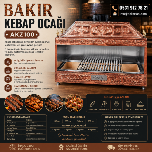 Bakır Kebap Ocağı AKZ100 davlumbazlı işlemeli profesyonel kebapçı ocağı modeli