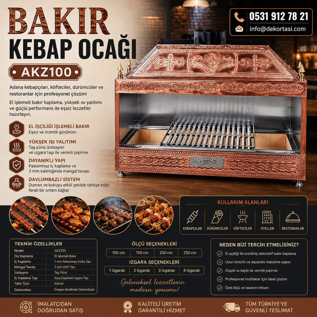 Bakır Kebap Ocağı AKZ100 davlumbazlı işlemeli profesyonel kebapçı ocağı modeli